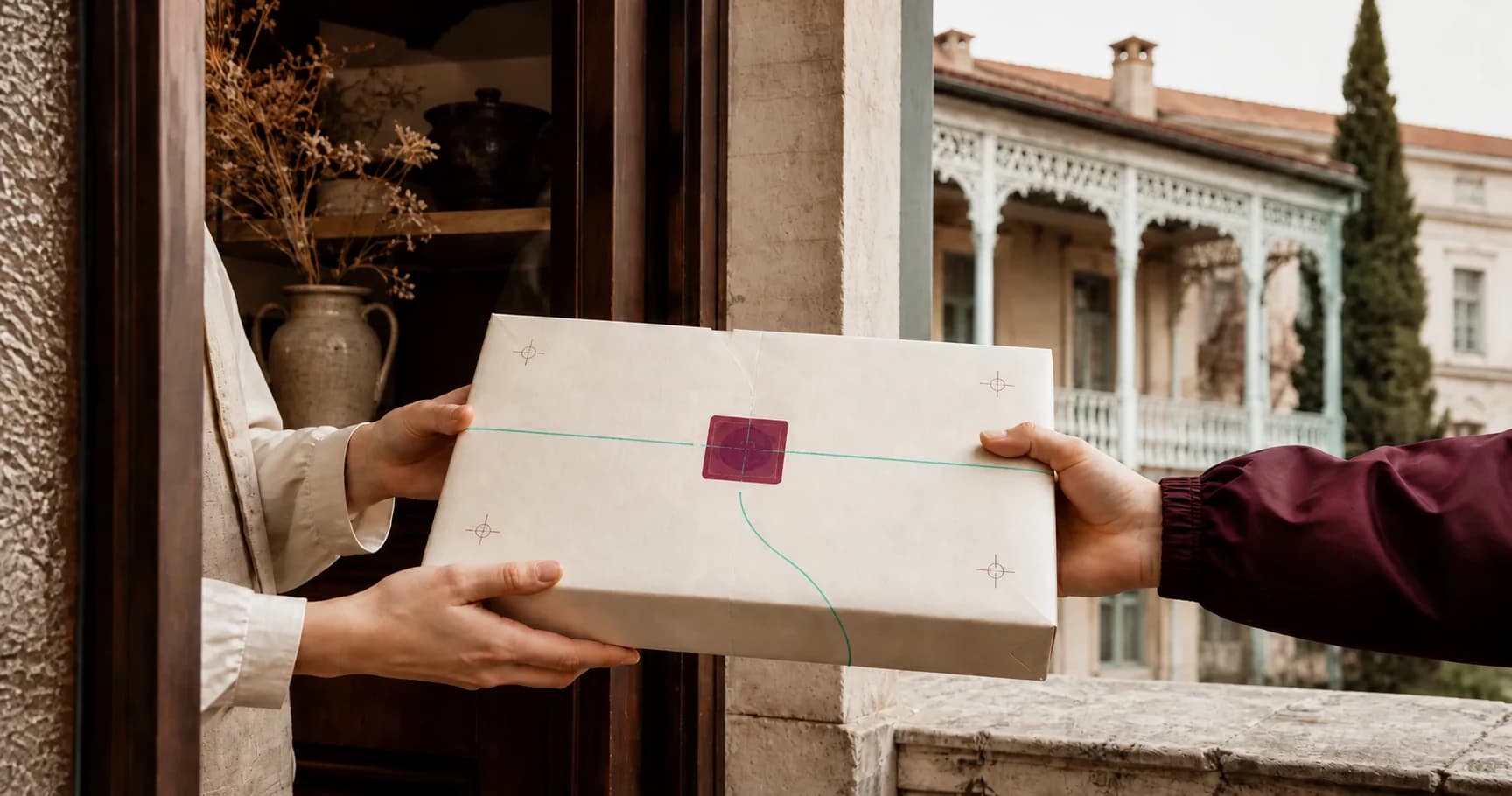 A Postman courier collecting a parcel from a Tbilisi store